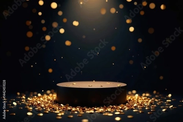 Obraz Scattered gold confetti on dark stage with central podium , scattered confetti, presentation