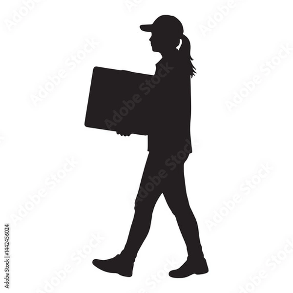 Obraz Delivery service worker carrying heavy box during parcel drop silhouette vector