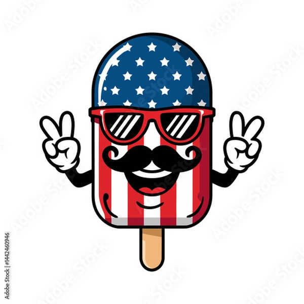 Obraz A cartoon popsicle character is designed with the American flag pattern, featuring sunglasses, a mustache, and making peace signs with its hands.