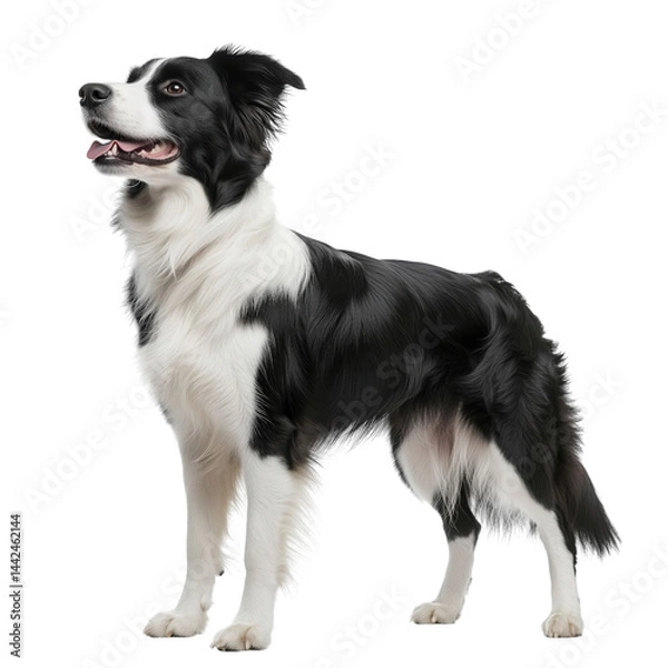 Fototapeta white and black border collie, side view, isolated on transparent background, no shadow, farm animal cut out