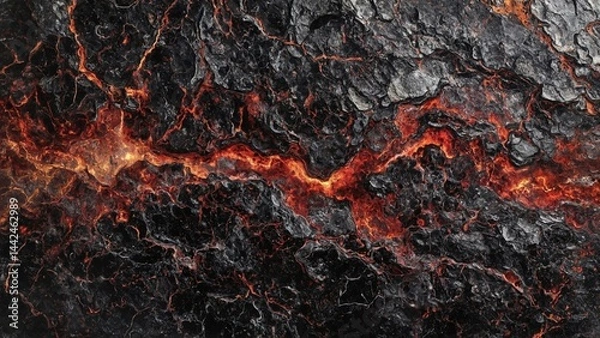 Fototapeta Fractured marble texture reveals crimson and black veins, like frozen volcanic eruption within a dark grotto.