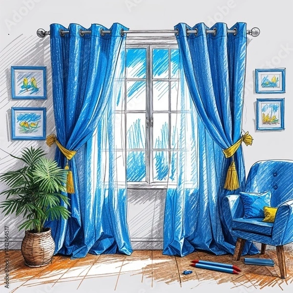 Obraz Blue curtains crayon childish sketch drawing on plain white background