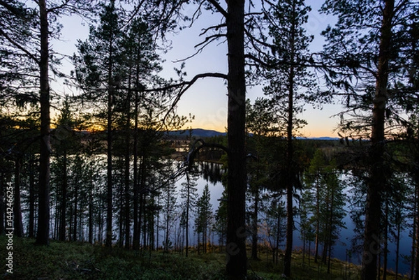 Fototapeta A peaceful sunset over a lake in Lapland, Sweden, with the reflection of trees in the still water.
