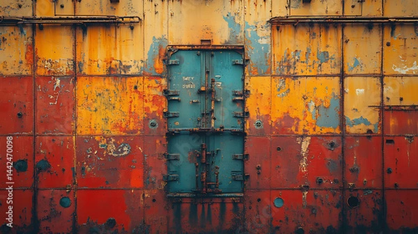Obraz Weathered metal surface with a blue door revealing layers of rust and decay emphasizing industrial texture and abandoned structure aesthetic