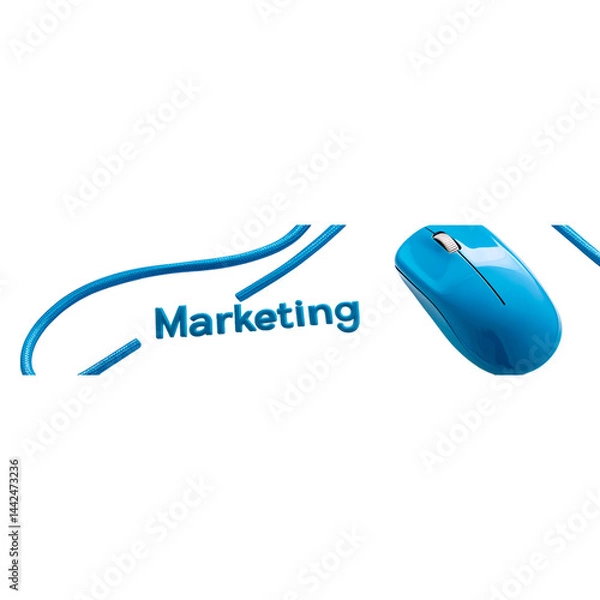 Fototapeta The word Marketing written in blue computer mouse cable on a transparent background, isolated on the edges