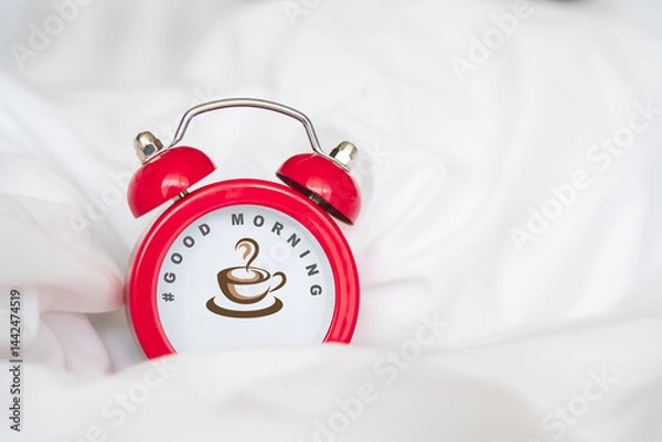 Fototapeta red alarm clock with hot coffee icon and Good morning text on dial with comfortable white blanket, in soft focus