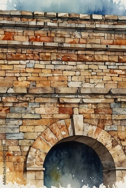 Fototapeta Close-up of textured stonework on an aqueduct in watercolor style