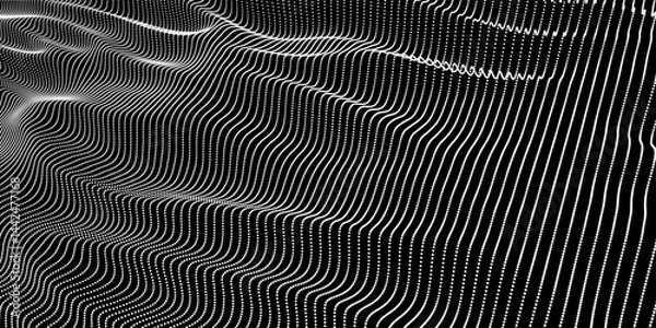 Fototapeta Futuristic background wave flow with white particles on dark. Abstract noisy surface wevy points. Digital technology concept computing data. Big data. 