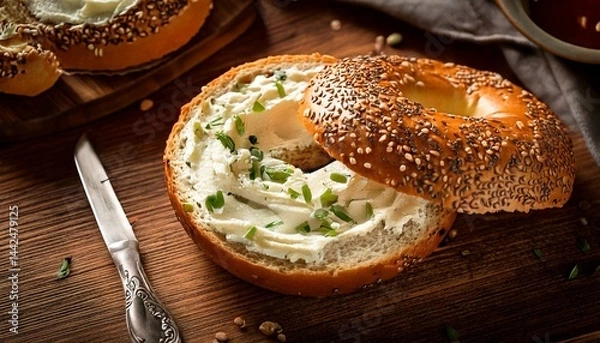 Fototapeta Halved Everything Bagel with Cream Cheese