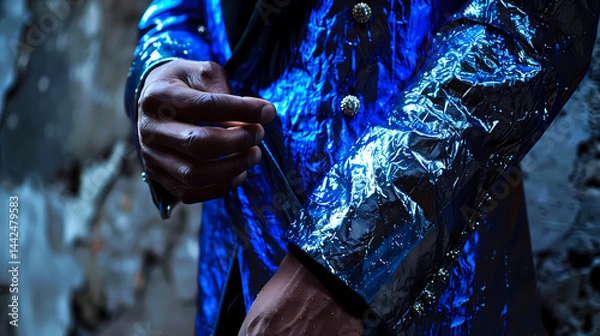 Fototapeta High-Contrast Editorial of Aura Indigo and Silver Jacket with Concealed Hands

