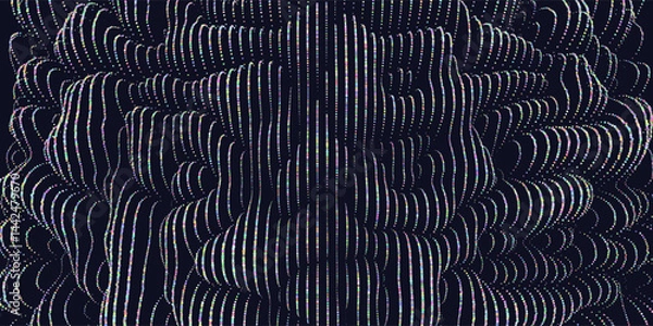 Fototapeta Points in grid chaotic waves texture. Abstract dots on black background. Technology cyberspace concept.