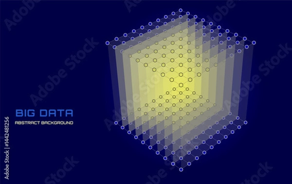 Fototapeta Abstract 3D grid cube. From dots and lines on blue. Primitive object. Futuristic wireframe structure for technology or science concepts. 3D technology design. Vector Illustration. 