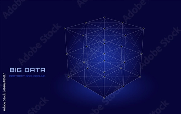 Fototapeta Abstract 3D grid cube. From dots and lines on dark. Primitive object. Futuristic wireframe structure for technology or science concepts. 3D technology design.