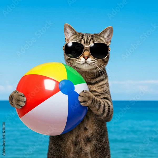 Fototapeta Cool Cat on Beach Vacation Summer Fun with a Feline Friend Holding Beach Ball