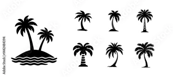 Fototapeta Seven palm tree icons including island silhouettes and stylized tropical trees with curved trunks