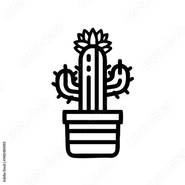 Fototapeta Outlined cactus with multiple arms, small thorns, and a flower blooming on top in a striped pot