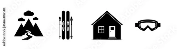 Fototapeta Minimalist black icons of a mountain trail, ski equipment, a cabin, and snow goggles on white