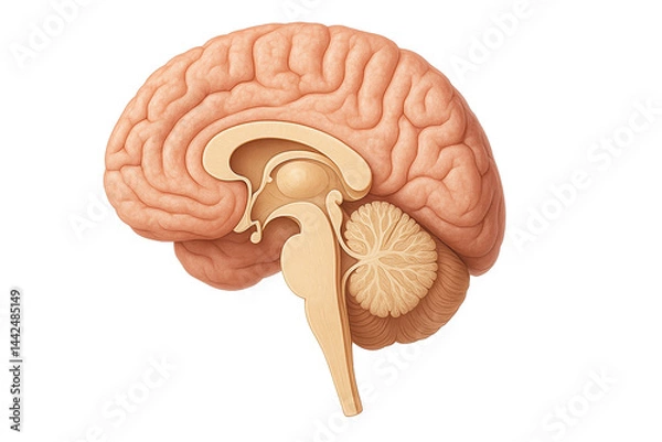 Fototapeta Sagittal section illustration of human brain showing detailed anatomy, including cerebrum and cerebellum