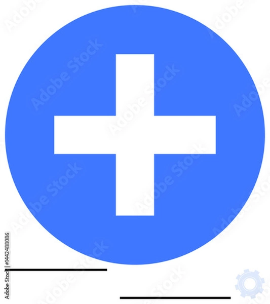 Fototapeta Blue circle featuring a white plus sign, signifying addition, medical, or emergency concepts. Small gear icon and dashed horizontal lines add context. Ideal for healthcare, math, UI, tech utilities