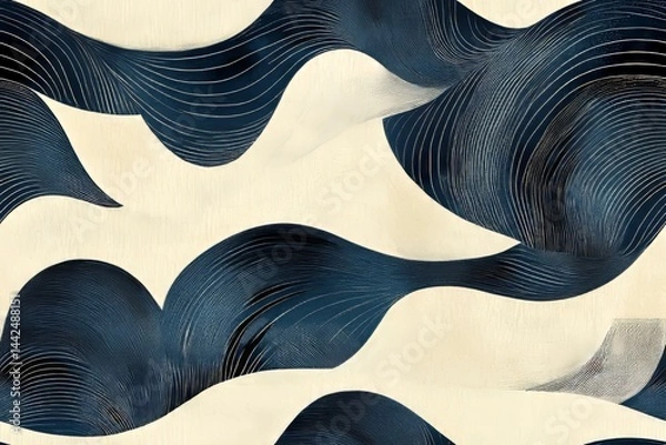 Fototapeta Elegant blue wave pattern creating a serene Japanese-inspired seamless background design