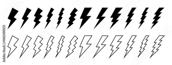 Fototapeta Set of bolt icons. Thunderbolt signs isolated on white background. Flash light, energy, electricity or battery charge symbols. Cartoon power, shock or dazzle pictograms. Vector graphic illustration.