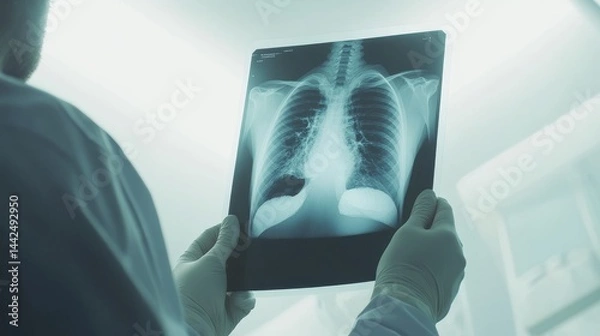 Obraz A doctor holds an X-ray image of a patient, examining the lung area for signs of pneumonia