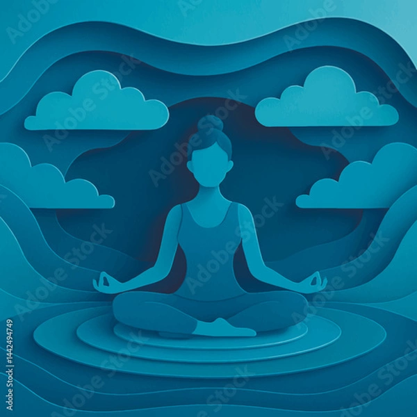 Obraz 3d layered papercut illustration of a woman meditating in lotus pose, Vector textured wavy lines teal blue background with 3D effect.