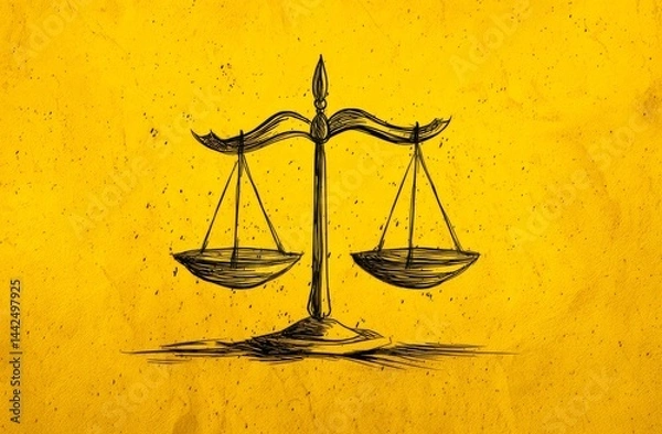 Obraz A man's hand draws a justice scale on a yellow backdrop, representing fairness, equality, or trust