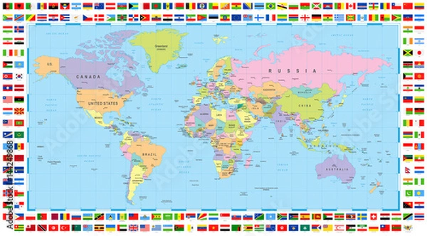 Obraz Kolorowa mapa świata i flagi
