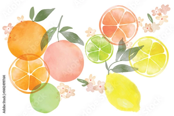 Fototapeta Set of colorful oranges, citrus, tangerine summer fruit. watercolor citrus pattern style. Blooming orange branch with leaves and flowers design.