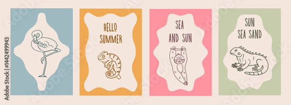 Fototapeta Hand-drawn doodle cards imitating ink pen style featuring exotic animals like flamingo, chameleon, sloth, and iguana, ideal for summer projects and tropical designs.
