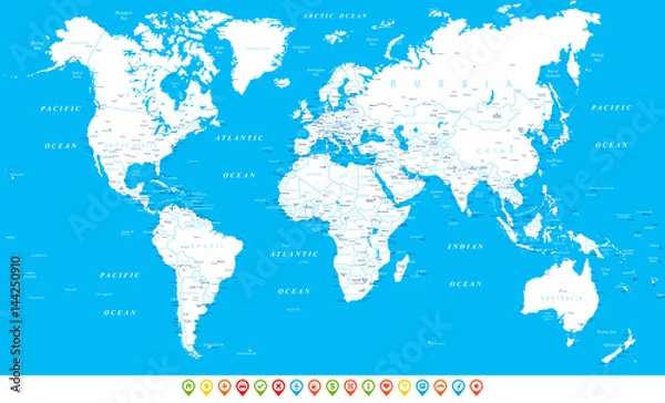 Obraz White Blue World Map and Navigation Icons