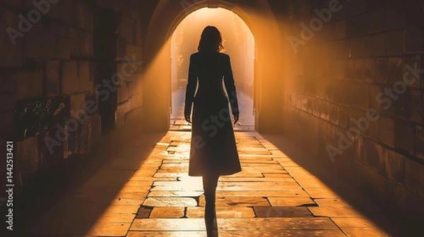 Fototapeta Silhouetted Full-Body Editorial of Model in Alpine Oat Long Coat with Diffused Backlight

