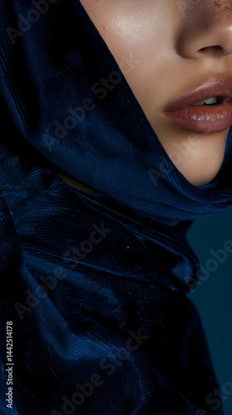 Fototapeta Moody Close-Up of Aura Indigo Velvet with Model Resting Chin on Shoulder

