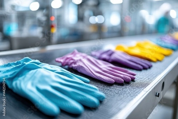 Fototapeta Close-up view of colorful glove designs on an assembly line in a vibrant manufacturing environment