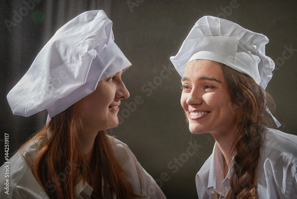 Fototapeta Two female friends are playfully posing with flour during a cheerful cooking session in the kitchen