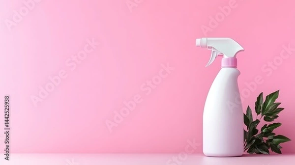Obraz Spray Bottle with Greenery Minimalist Style High-Resolution Lighting Side Profile View Clean Design Product Presentation Pink Background Soft Hues Ideal for Branding Materials