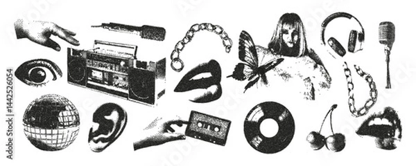 Fototapeta Music retro elements with photocopy stipple effect for halftone collage art. Vinyl record, disco ball, girl, cassette, speaker, radio, microphone, headphones.Trendy vector design for cards, covers.