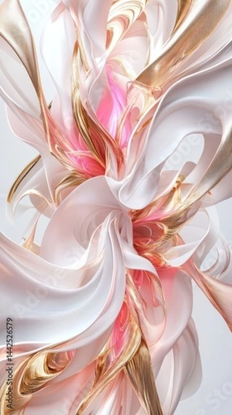 Fototapeta An abstract composition featuring flowing shapes in soft pink, white, and gold tones.