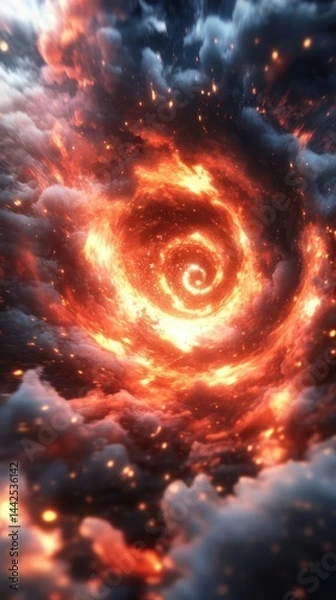 Fototapeta A swirling, fiery cosmic vortex surrounded by dark clouds, evoking a sense of mystery.