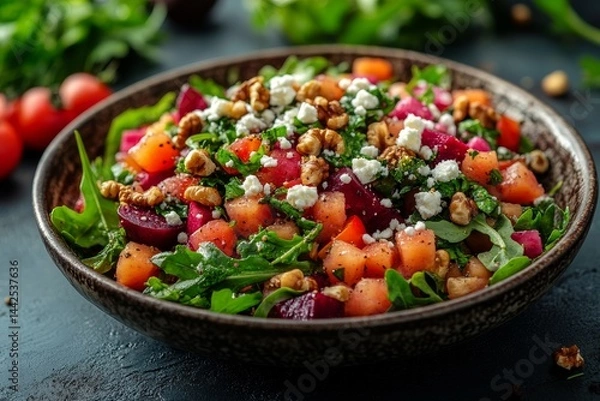 Fototapeta Beetroot, melon salad with feta & walnuts