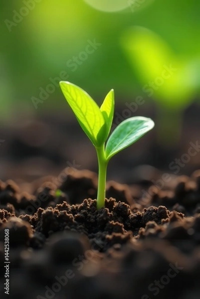 Fototapeta Tender green seedling sprouts emerge from rich soil in spring garden , spring, horticulture, texture