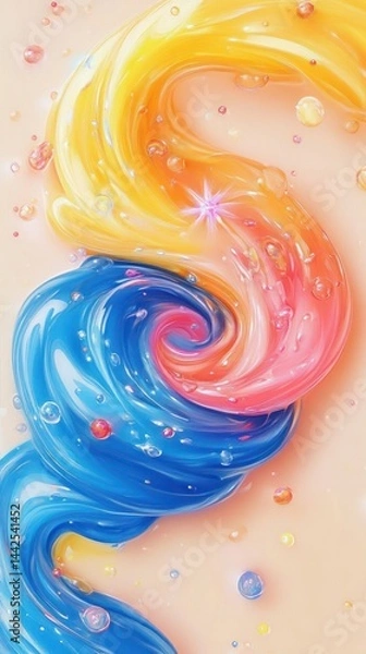 Fototapeta A vibrant swirl of colorful, glossy textures with sparkling elements and bubbles.