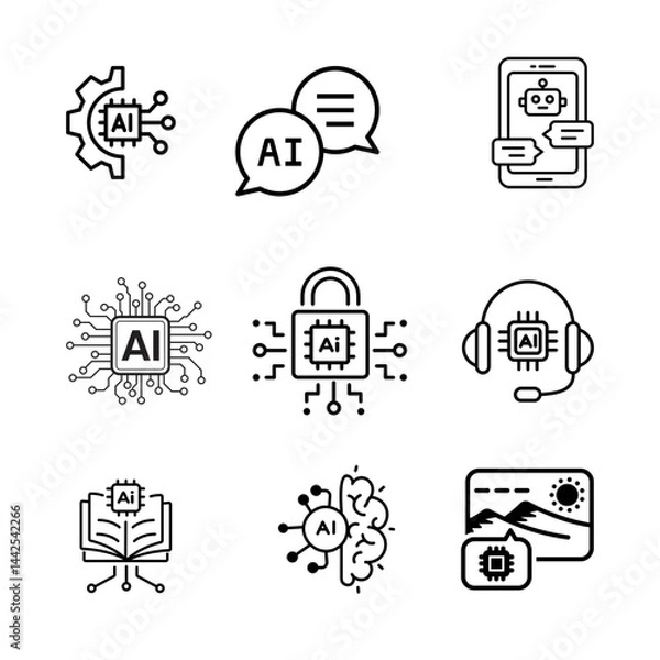 Obraz Artificial intelligence icon. Set of neural network, machine learning, brain, robot, AI, chat bot icons, AI technology icons 