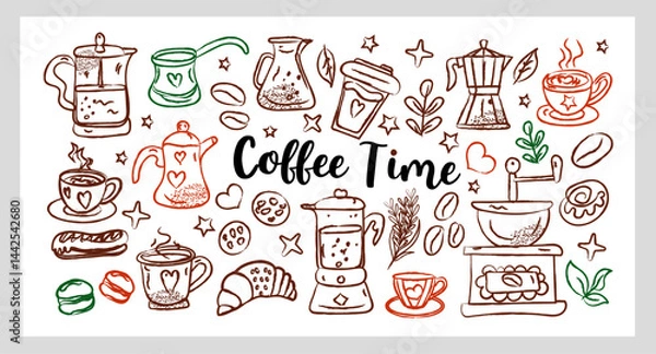 Fototapeta Coffee Time Set a cozy hand drawn line art chalk and charcoal vector collection featuring coffee cups, croissants, cookies, sugar cubes, and coffee.