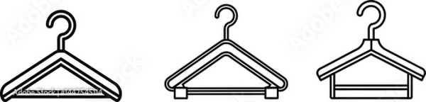 Fototapeta Three outlined illustrations of clothing hangers are displayed. A simple wooden design, a curved shape with a thicker shoulder area, and a modified design resembling a roof with a broad base. 