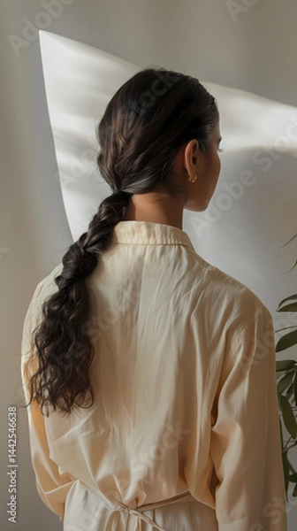 Fototapeta Back View of Model in Butter Yellow Minimal Tunic Made from Organic Cotton in Sustainable Interior

