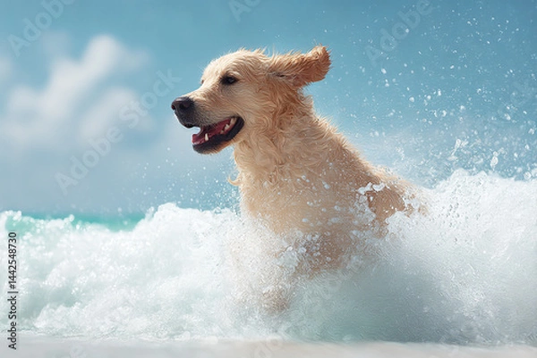 Fototapeta Golden retriever dog playing in ocean waves on sunny beach summer vacation happy pet canine animal