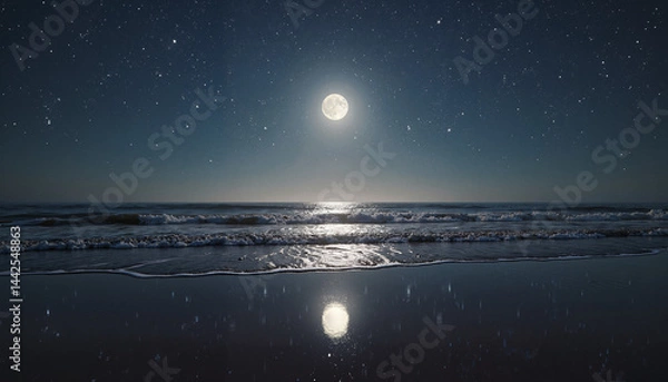 Fototapeta Full moon over ocean waves at night with starlit sky and reflection on calm water surface

