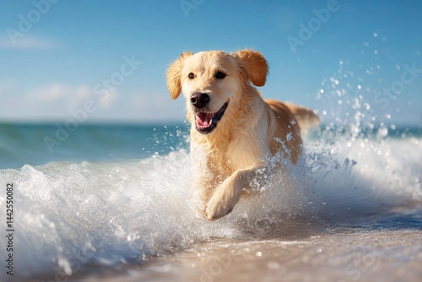 Fototapeta Golden retriever dog running on beach playing in ocean waves summer vacation pet photography sunny day